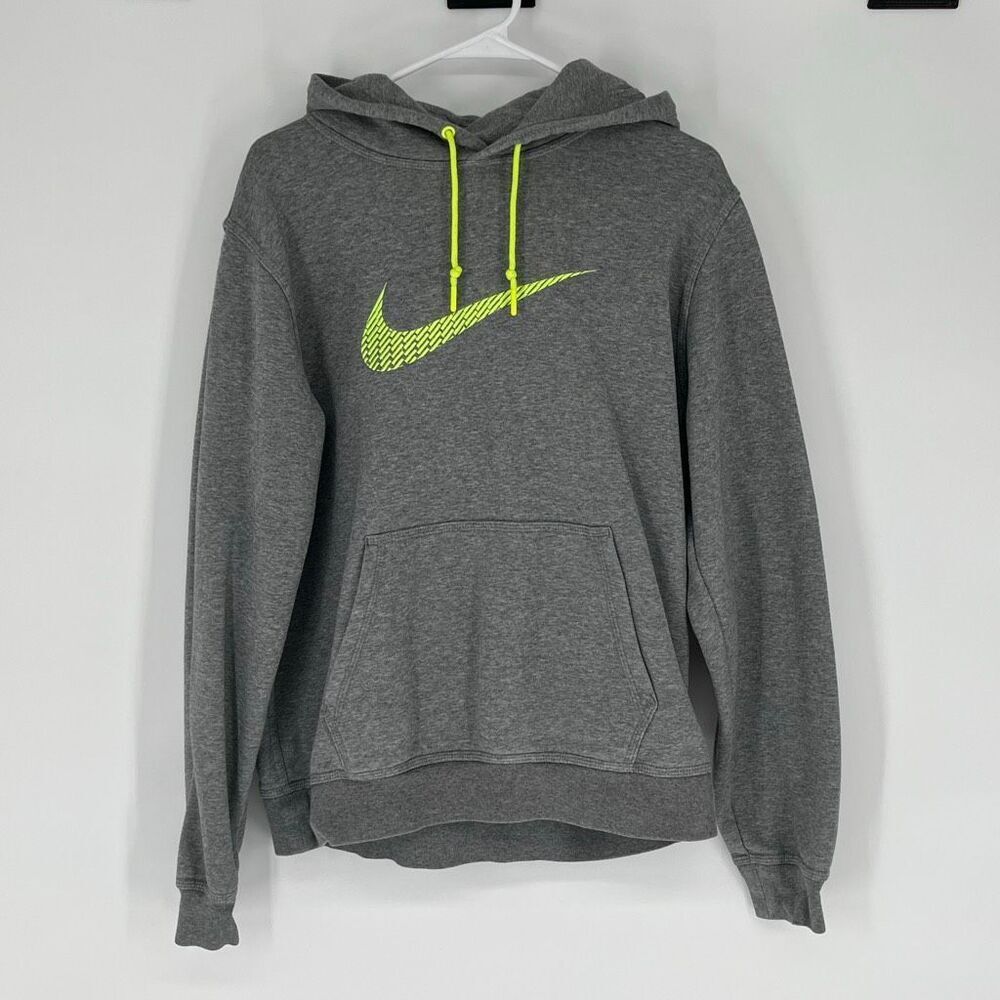 NIKE Men’s Hoodie L Gray Neon Swoosh Logo Pullover Fleece Athletic Sweatshirt